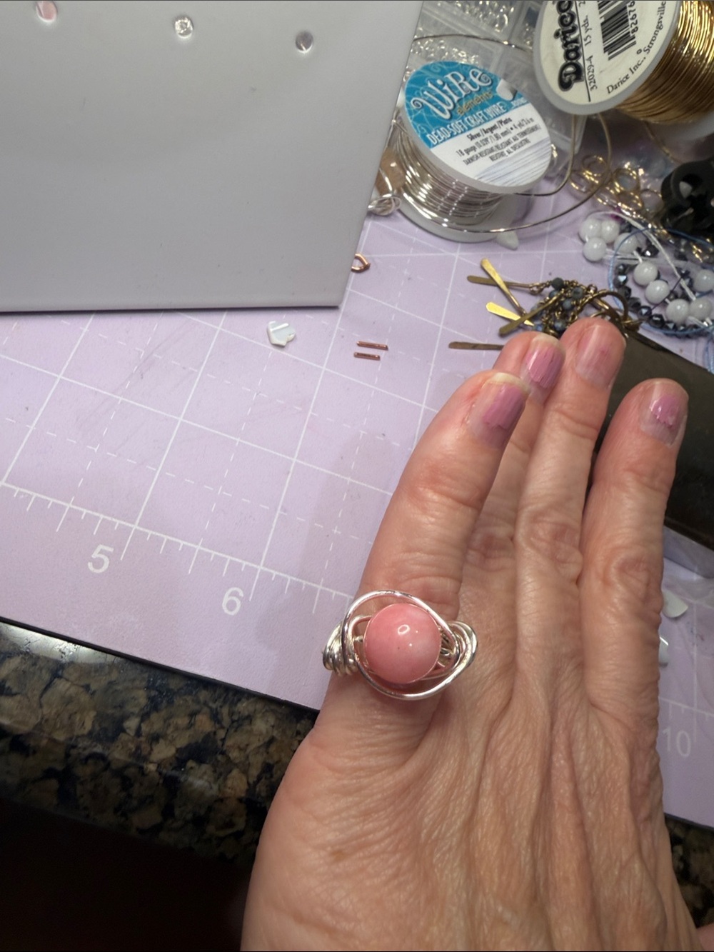 Silver Wire Wrap Ring with Pink Cabochon sz6